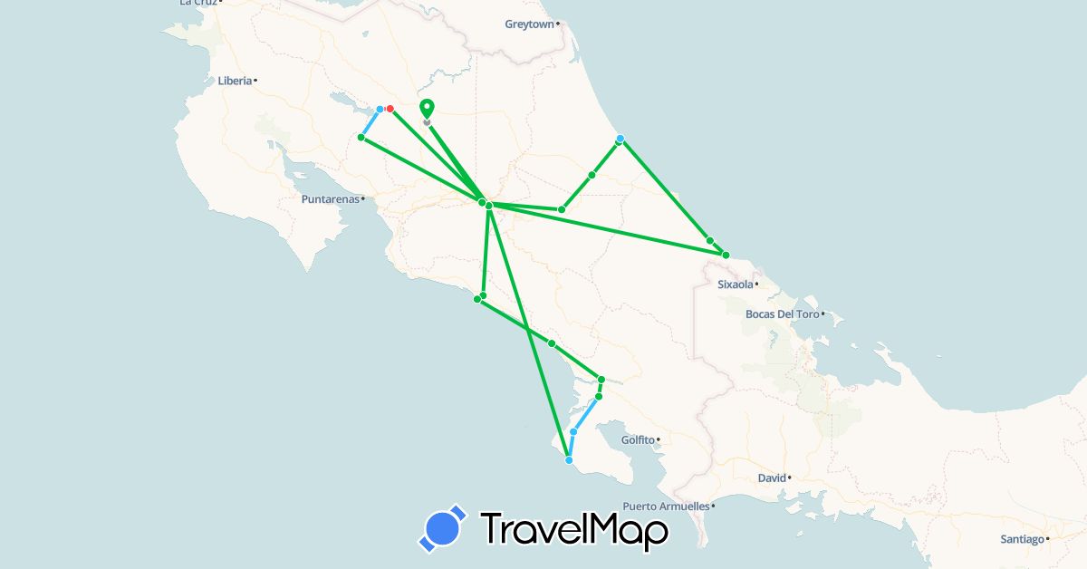 TravelMap itinerary: driving, bus, plane, hiking, boat in Costa Rica (North America)